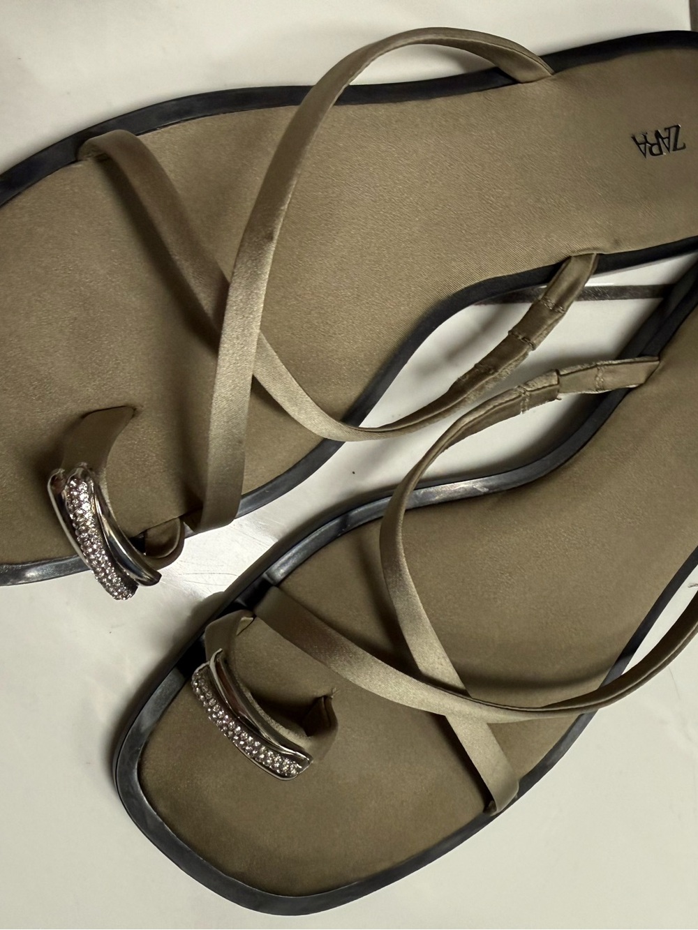 Zara Olive Satin Strappy Sandals with Crystal Toe Ring